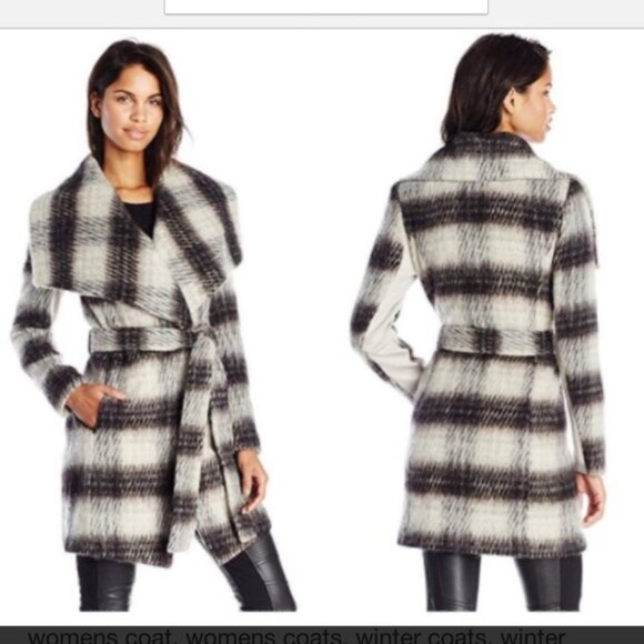 BCBGeneration Plaid Wool Blend Wrap Coat Womens Small S Black Ivory Fuzzy Long - Picture 1 of 13